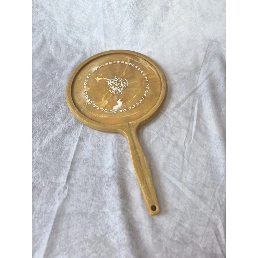 Vintage Large Hand Held Vanity Mirror with Floral Design 1950s Gold Tan